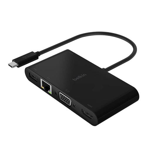 Belkin USB-C Multimedia + Charge Adapter (100W) with Tethered USB-C Cable - Interface Hub with USB-A 3.2 Gen Port, Ethernet Port, VGA Port, and 4K HDMI Port, with USB-C Pass Through Charge - Black