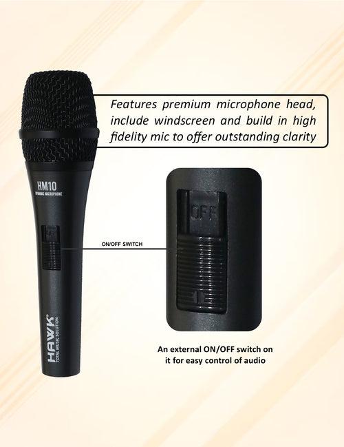 Hawk Proaudio HM 10 Handheld Dynamic Cardioid Wired Mic for Live, Recording, Speech with mic Holder and Pouch with ON/Off Switch, (Mic Cable Not Included)