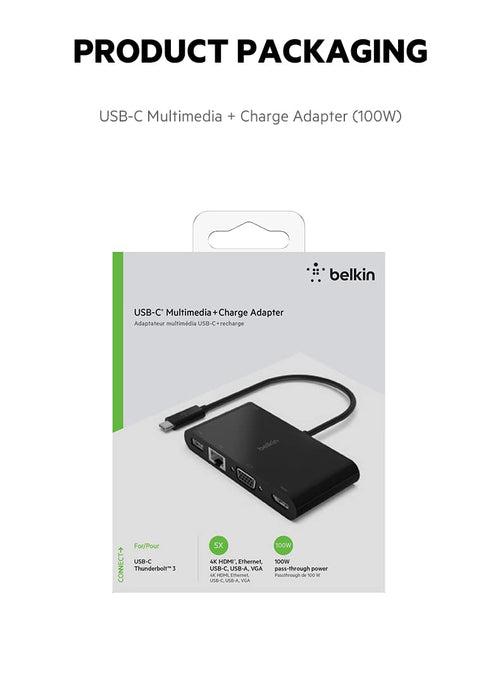 Belkin USB-C Multimedia + Charge Adapter (100W) with Tethered USB-C Cable - Interface Hub with USB-A 3.2 Gen Port, Ethernet Port, VGA Port, and 4K HDMI Port, with USB-C Pass Through Charge - Black