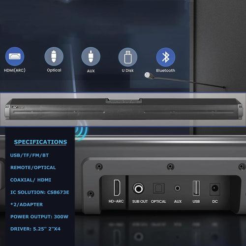 Ant Esports SBW300 300 watts Soundbar with Wired 8-inch Subwoofer I 2.1-Channel 5.0 Bluetooth, I TV/Projector/Gaming, HDMI/Optical/AUX/USB/TF I FM Radio I Wall Mountable, Remote Control –Black