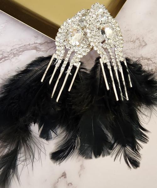 Rhinestone Black Feather Earrings