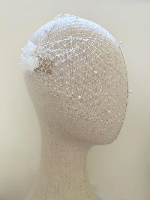 Pearl Petals White Birdcage Veil