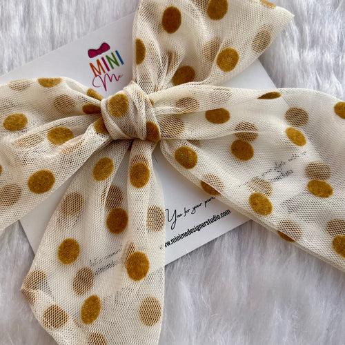 White and Tan Polka Dots Bow