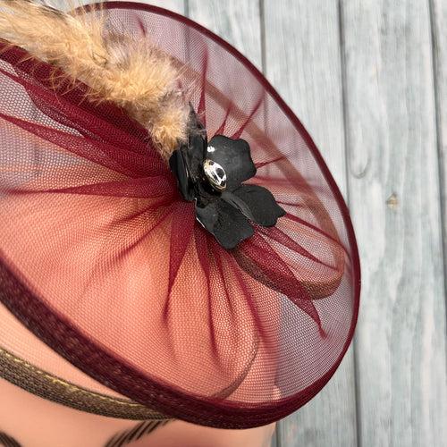 Wine and Beige Fascinator with feather and flower