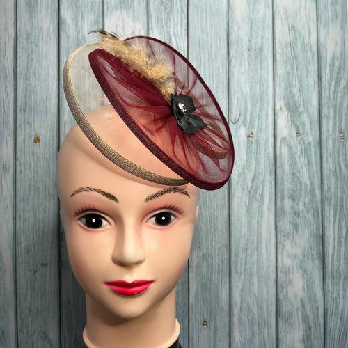 Wine and Beige Fascinator with feather and flower