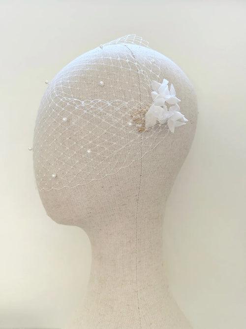 Pearl Petals White Birdcage Veil