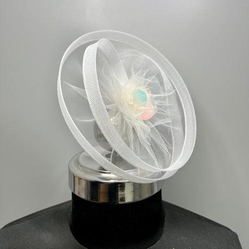 Twisted White Fascinator with Holographic flower