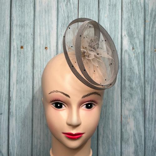 Twisted Warm Gray Fascinator with Black Pearls