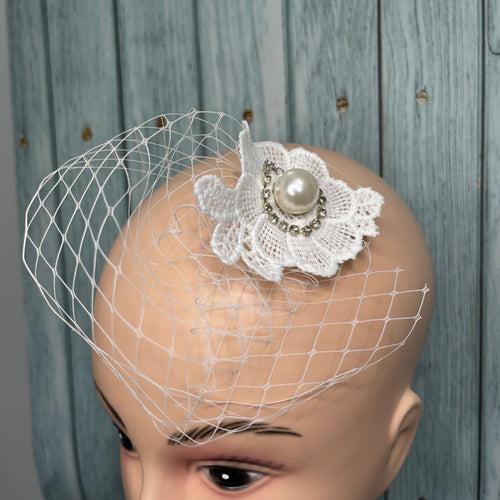 White Minimal Luxe Bridal Pearl Birdcage Veil