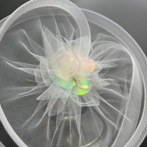 Twisted White Fascinator with Holographic flower