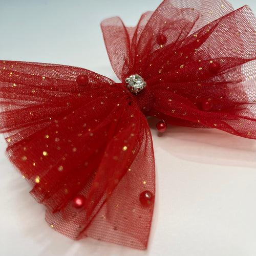 Glitter & Pearls Ruffle Red Bow