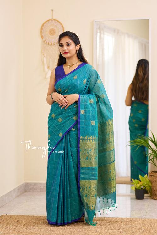 Mandagini - Blue Checked Chettinad Cotton Saree