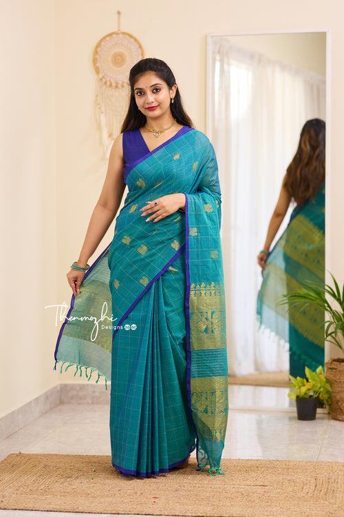 Mandagini - Blue Checked Chettinad Cotton Saree