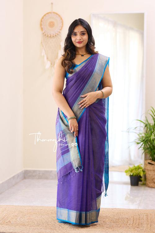 Hridaya (Blue) - Blue Maheswari Tissue Silk Cotton Saree