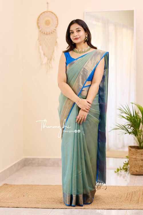 Hridaya (Sage Green & Blue) - Green Maheswari Tissue Silk Cotton saree