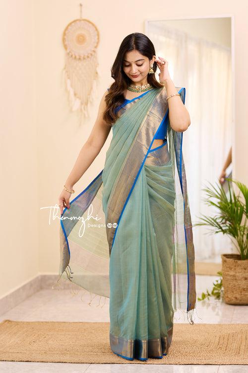 Hridaya (Sage Green & Blue) - Green Maheswari Tissue Silk Cotton saree