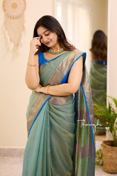 Hridaya (Sage Green & Blue) - Green Maheswari Tissue Silk Cotton saree