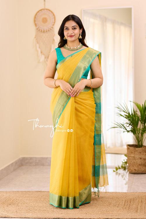 Hridaya  (Bright Yellow) - Yellow Maheswari Tissue Silk Cotton Saree