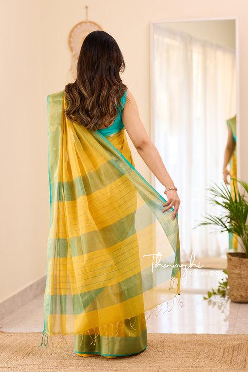 Hridaya  (Bright Yellow) - Yellow Maheswari Tissue Silk Cotton Saree