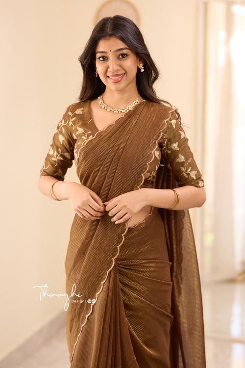 Brown Striped Mul Cotton Saree