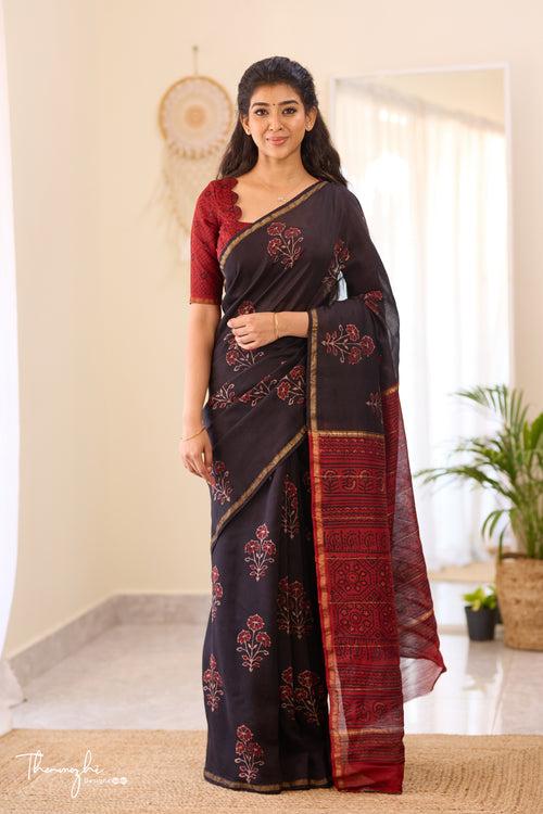 Black & Maroon - Chanderi Silk Cotton Saree