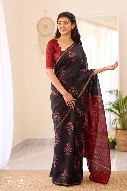 Black & Maroon - Chanderi Silk Cotton Saree