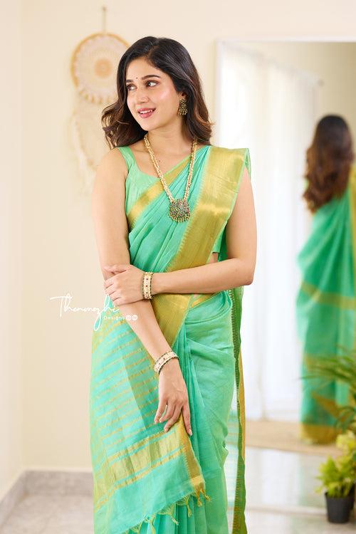 Glossy Seagreen - Mangalagiri Silk Cotton Saree