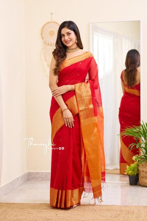 Red and Orange Maheshwari Silk Handloom Cotton Saree