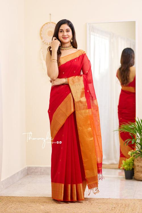 Red and Orange Maheshwari Silk Handloom Cotton Saree