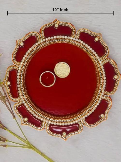 10" inch Maroon Color Decorative Wooden Pooja Thali