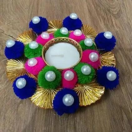 Handmade Colorful Pom Pom Tea Light Candle Holder