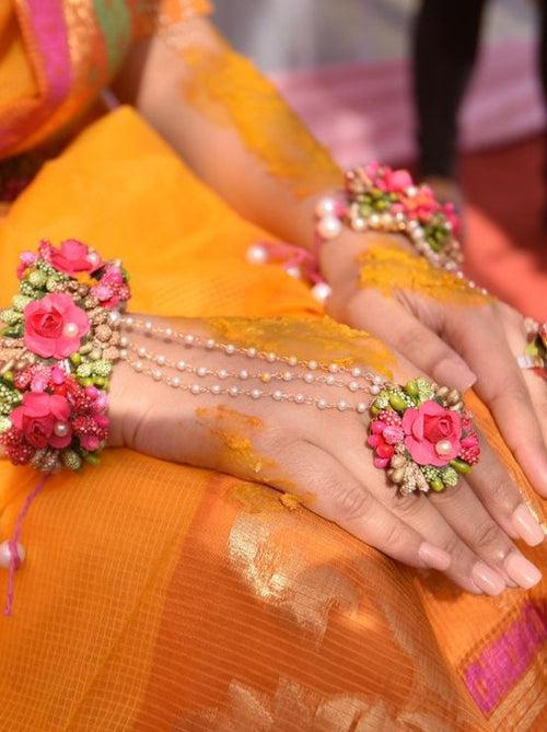 Red and Green Hathphool flower jewellery - For Haldi, Mehndi