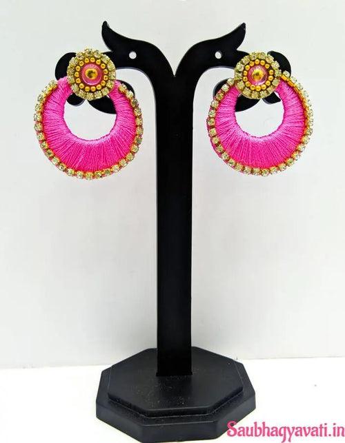 Pink & Olive Colour Round Silk Thread Earring With Golden Stone Stude