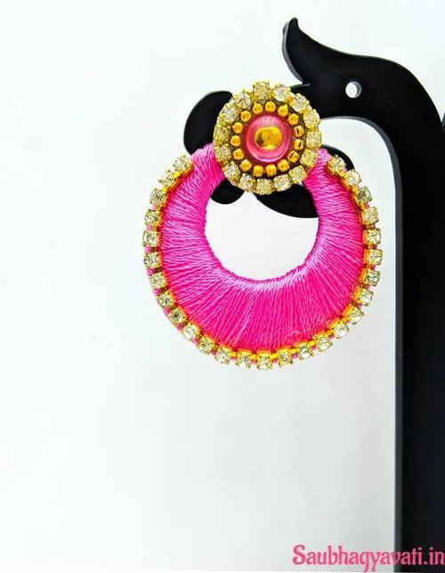 Pink & Olive Colour Round Silk Thread Earring With Golden Stone Stude