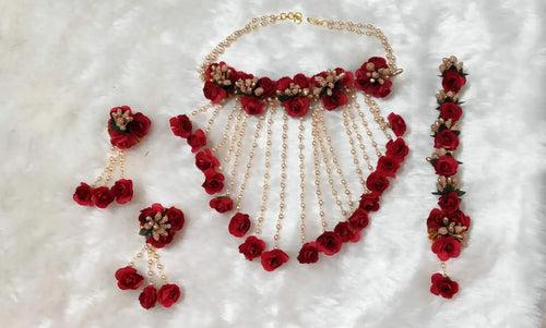 Red Flower Jewellery Necklace with Earring and mangtika