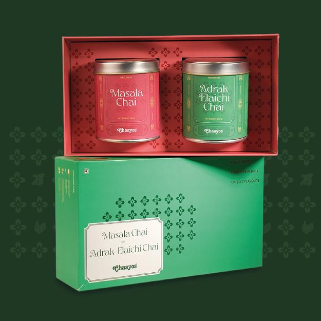 Chaayos Festival Gift Box| Masala tea & Adrak Eliachi chai for tea lovers | Tea Gift Hamper| Gift hamper for Friends & Family | Premium Gift Box 2 tins (100 gms each) of Masala Chai and Adrak