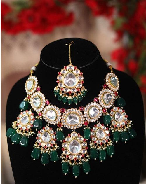 Premium Kundan Necklace Set in Green and Maroon