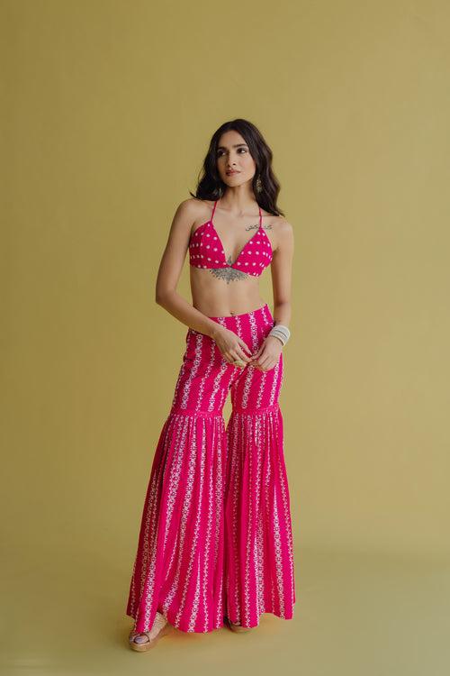 Alia Hot Pink Embroidered Cotton Blouse and Sharara Set