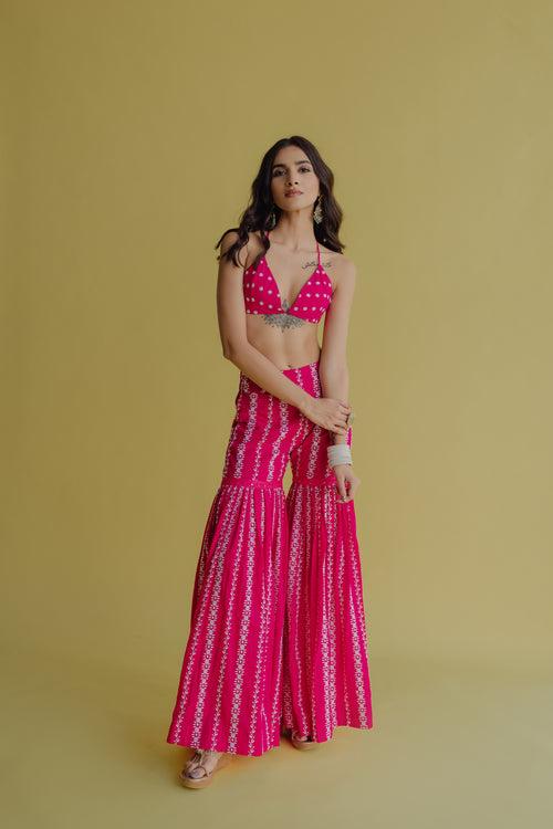 Alia Hot Pink Embroidered Cotton Blouse and Sharara Set