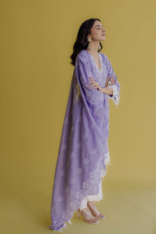 Noor Lilac Embroidered Cotton Kurta, Pant & Dupatta Set