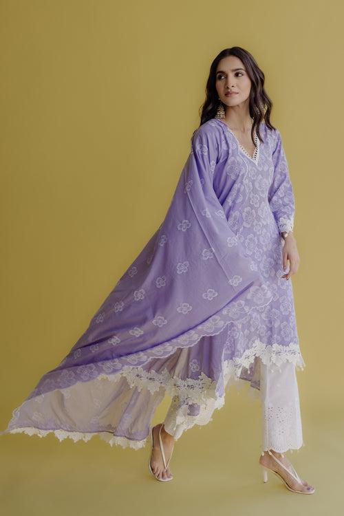 Noor Lilac Embroidered Cotton Kurta, Pant & Dupatta Set