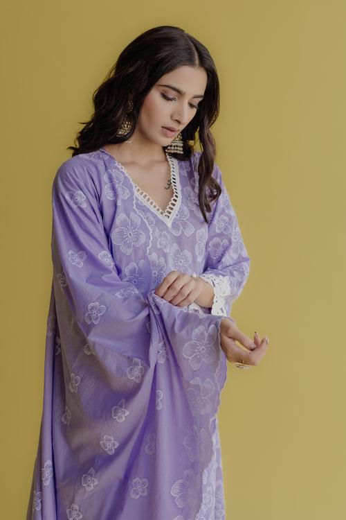 Noor Lilac Embroidered Cotton Kurta, Pant & Dupatta Set