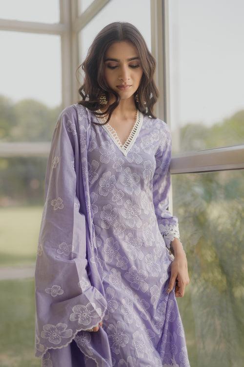 Noor Lilac Embroidered Cotton Kurta, Pant & Dupatta Set