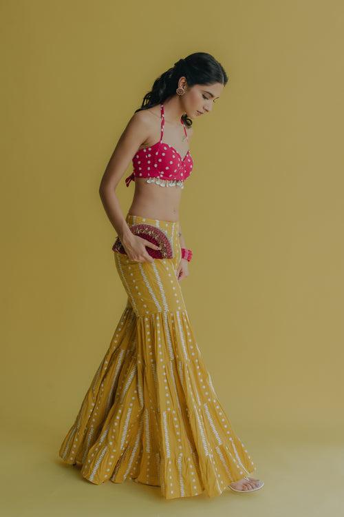 Aisha Yellow & Hot Pink Embroidered Cotton Jacket, Bustier and Sharara Set