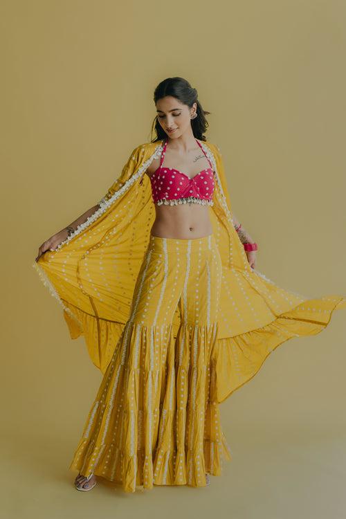 Aisha Yellow & Hot Pink Embroidered Cotton Jacket, Bustier and Sharara Set