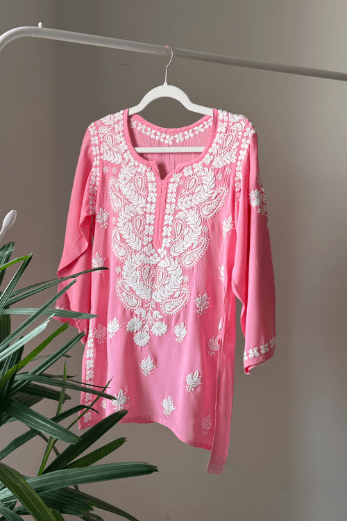 Adeela Dark Pink Modal Hand Embroidered Short Chikankari Kurti