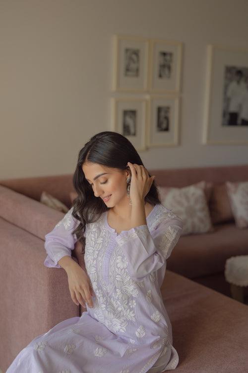 Yumna Cotton Lilac Hand Embroidered Chikankari Kurta