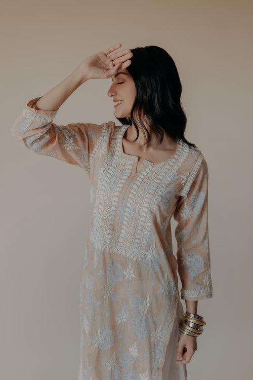 Anam Peach Mulmul Chikankari Printed Kurta