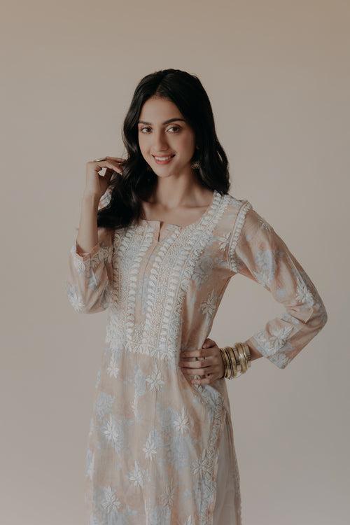 Anam Peach Mulmul Chikankari Printed Kurta