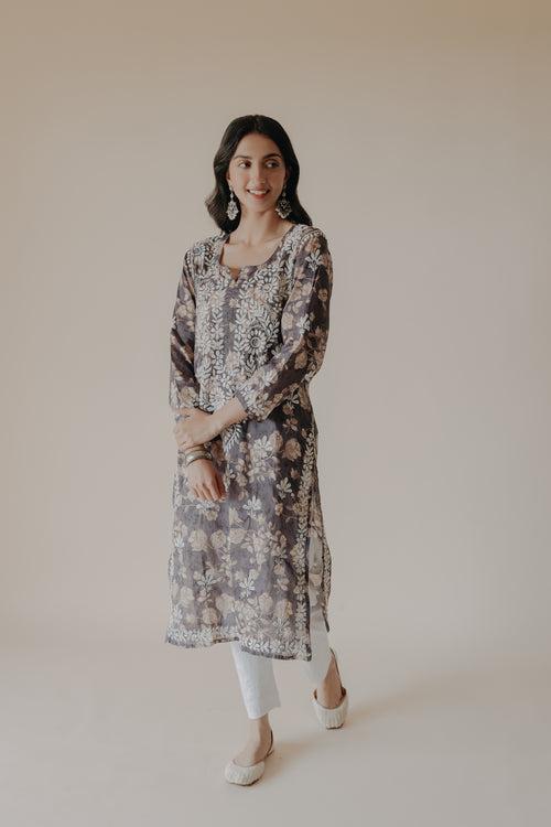 Ruhi Grey Mulmul Chikankari Printed Kurta